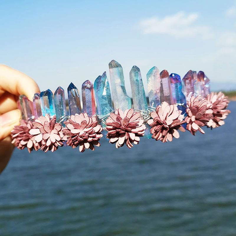 Olivenorma Natural Crystal Rainbow Crown Flower Tiara