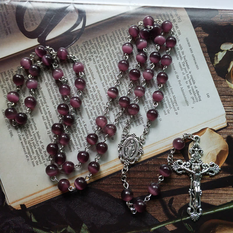 Olivenorma Purple Cat's Eye Stone Silver Cross Rosary Necklace