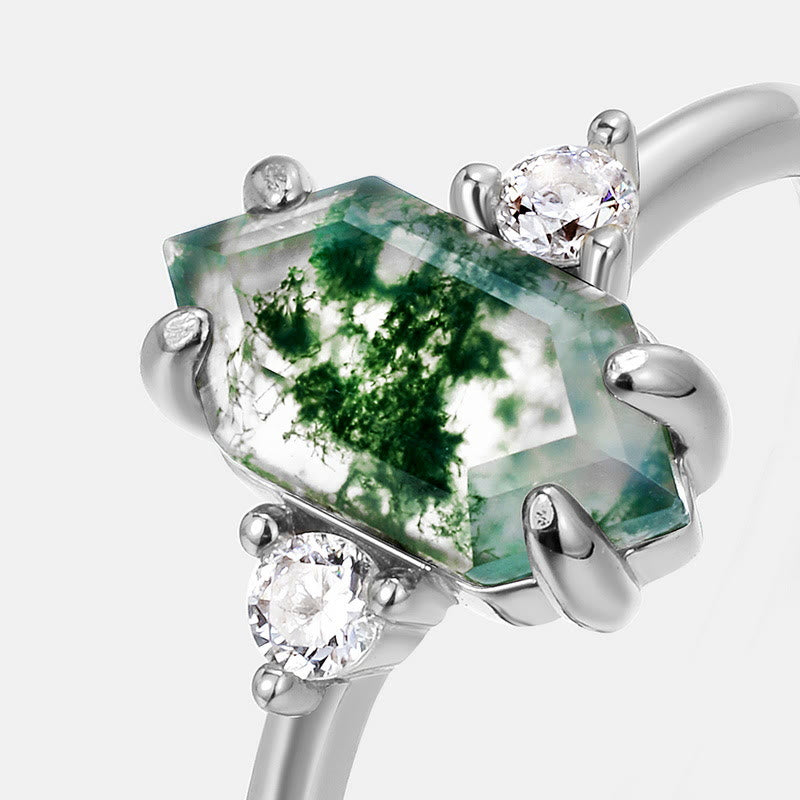 Olivenorma Hexagonal Moss Agate White Zircon S925 Adjustable Ring