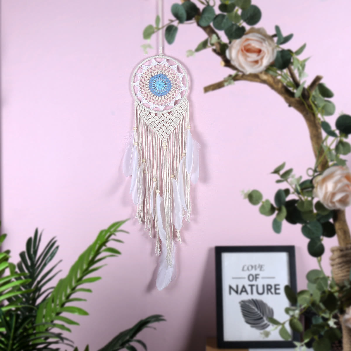 Olivenorma Boho Woven Cotton Rope White Feather Dream Catcher