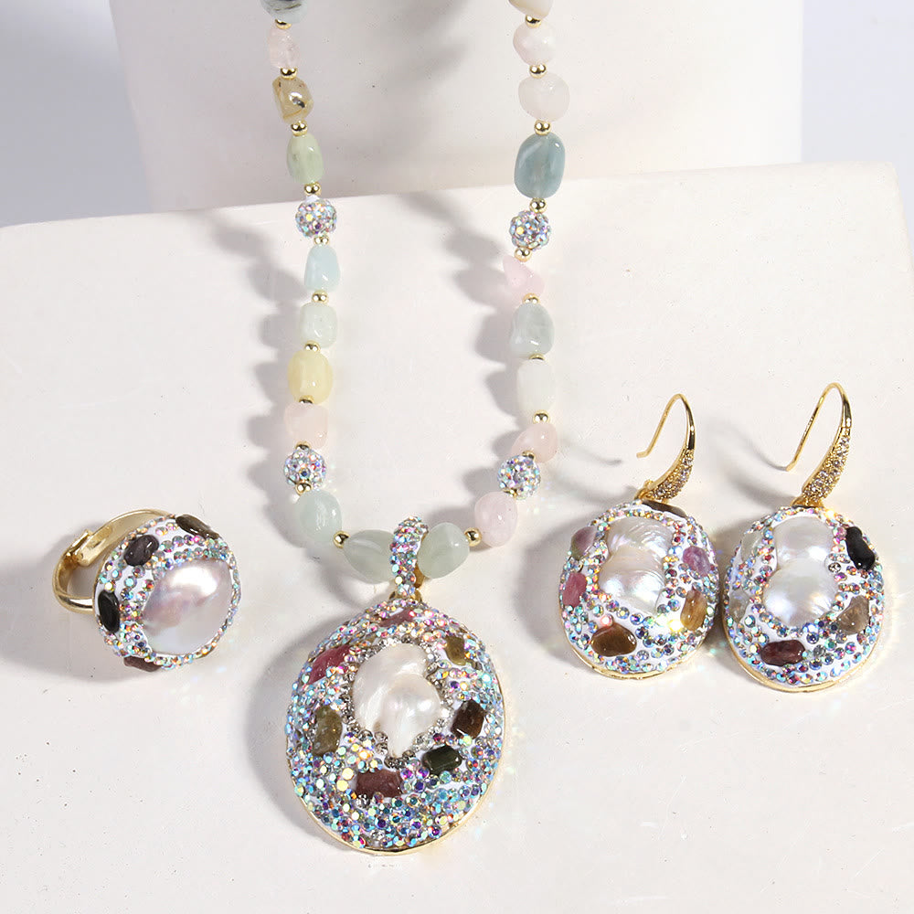 Olivenorma Morganite Tourmaline Freshwater Pearl Jewelry Set