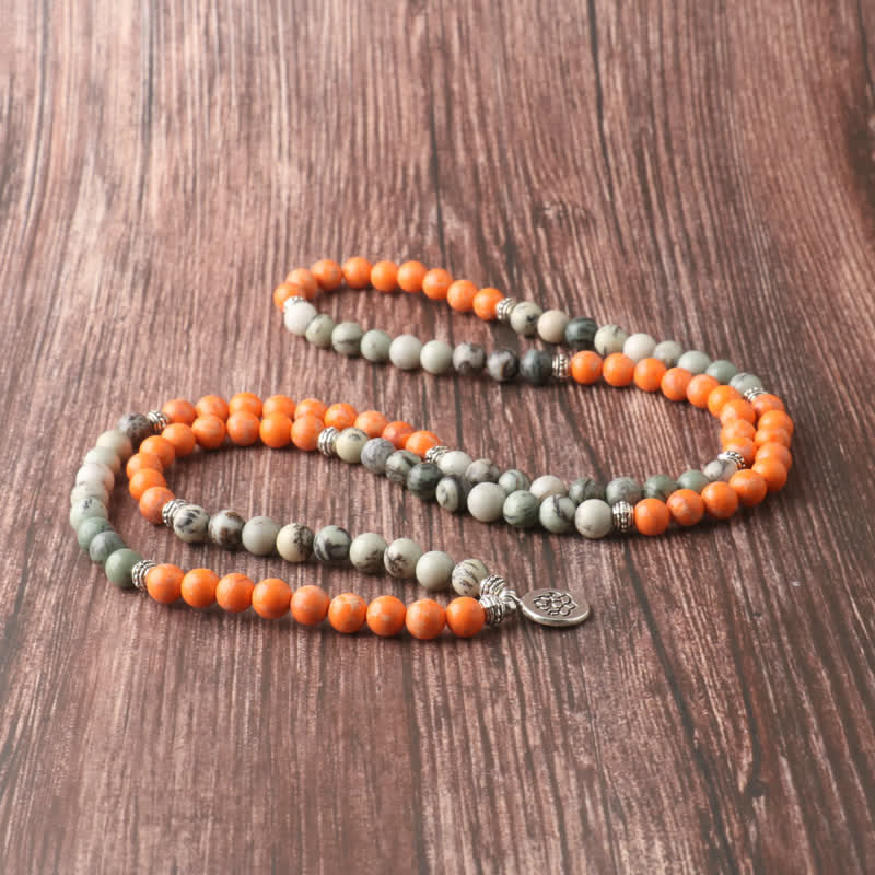 Olivenorma 108 Orange Emperor Stone Mala Beads Lotus Pendant Necklace