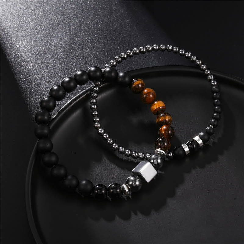 Olivenorma Frosted Tiger Eye Black Cube Stretch Bracelet Set