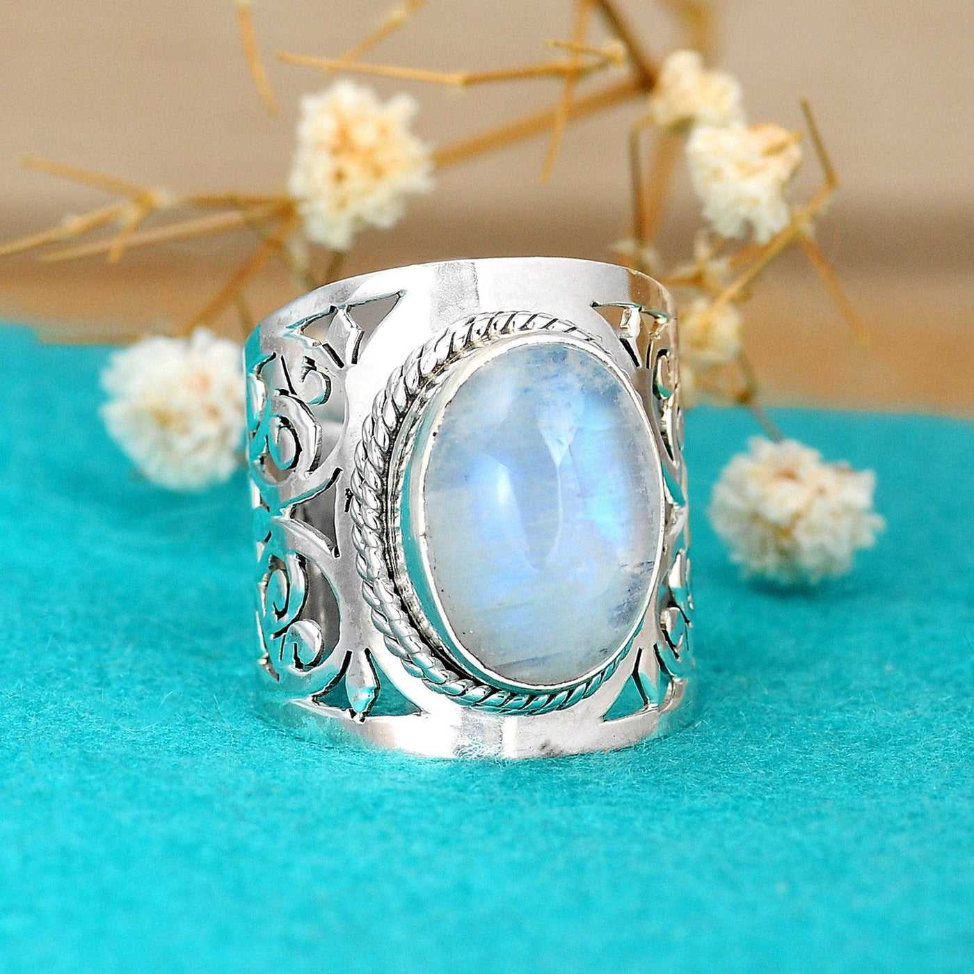 Olivenorma Large Moonstone Filigree Ring