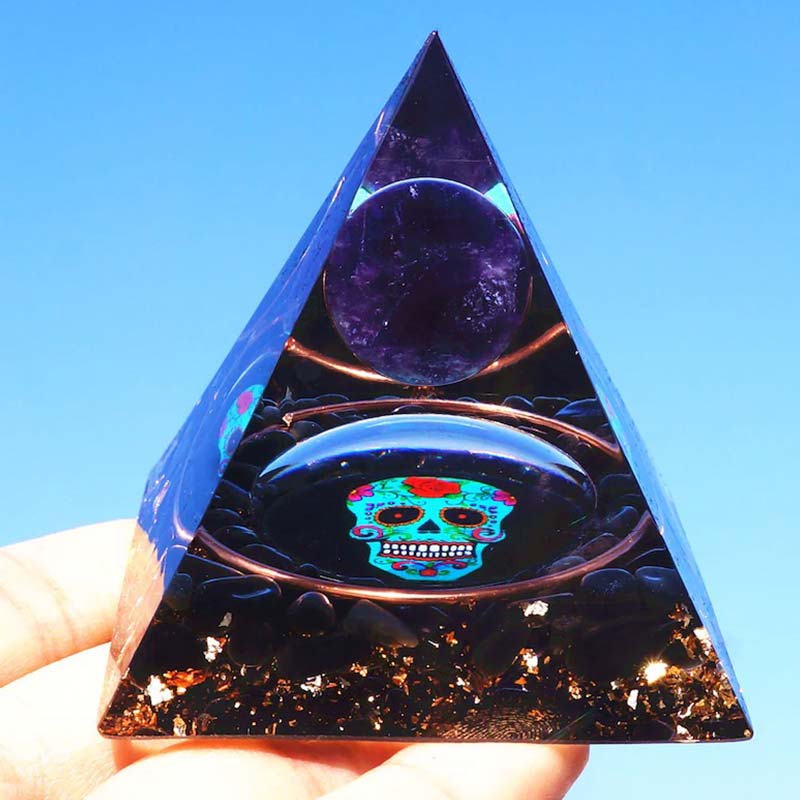 Olivenorma Amethyst&Obsidian Skull Symbol Orgone Pyramid