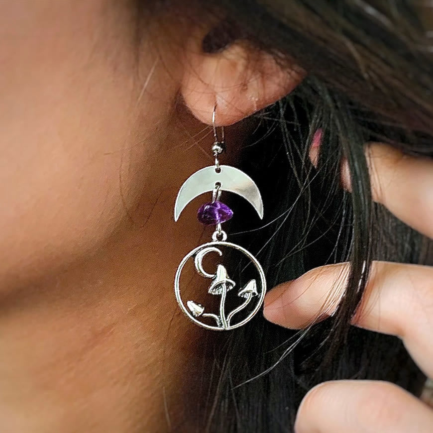 Olivenorma Natural Crystal Moon Mushroom Pendant Earrings