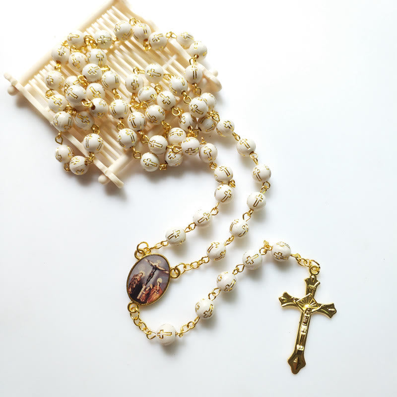 Olivenorma Acrylic Bronzing Cross Bead Rosary Necklace