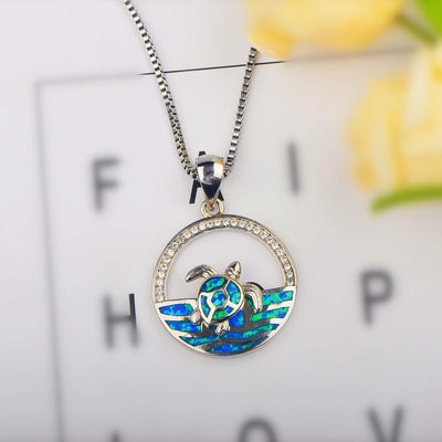 Olivenorma Hawaiian Blue Opal Swimming Turtle Pendant Necklace