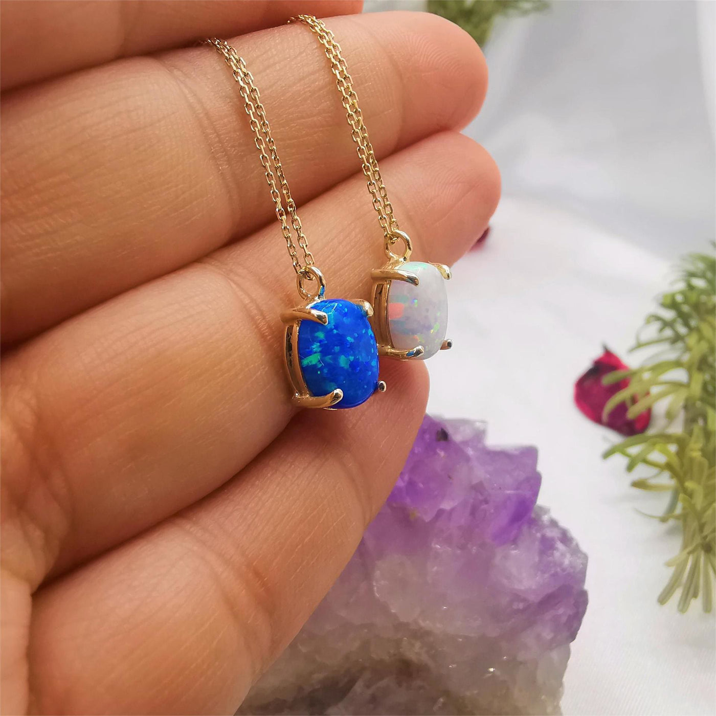 Olivenorma Blue White Opal 18k Gold Plated Copper Necklace