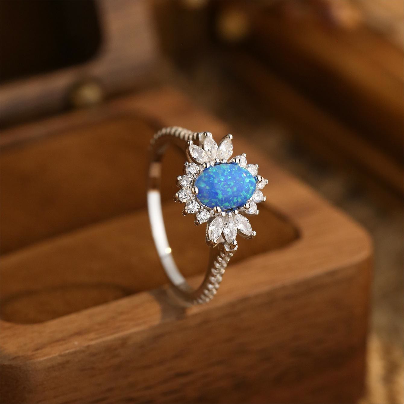 Olivenorma White Blue Opal Sunflower Design 925 Silver Ring