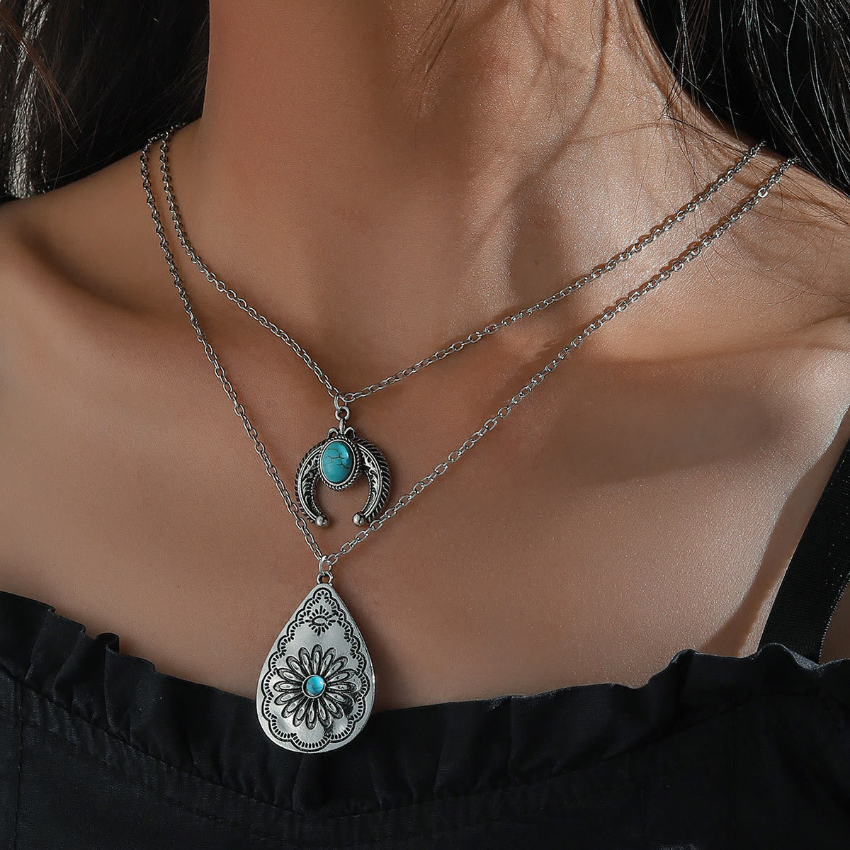 Olivenorma Turquoise Drop Carved Double Layer Pendant Necklace