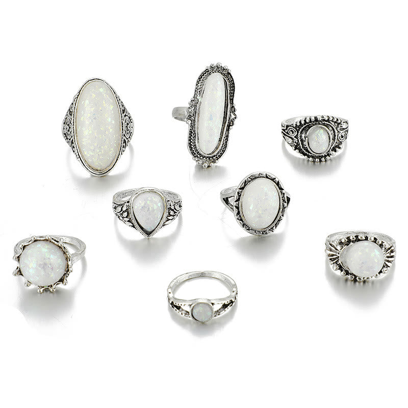 Olivenorma Round Oval Opal 8-Piece Ring Set