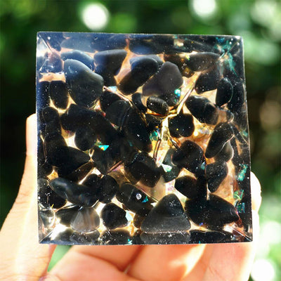 Olivenorma Obsidian with Clear Crystal Tree Of Life Orgone Pyramid