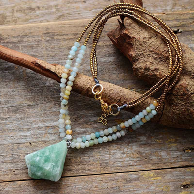 Olivenorma Natural Amazonite Pendant Double Chain Necklace