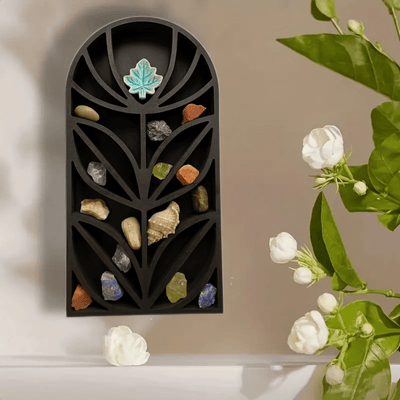 Olivenorma Dark Wood Mid Century Flower Crystal Shelf