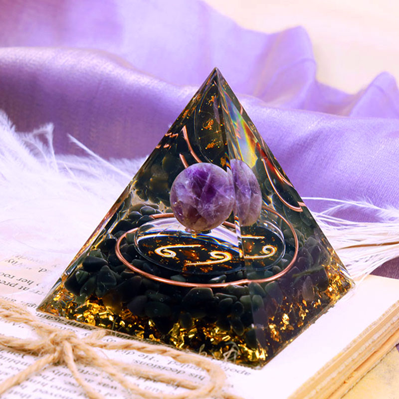 Olivenorma Amethyst Sphere With Obsidian Zodiac Cancer Orgone Pyramid