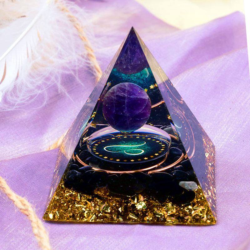 Olivenorma Amethyst Sphere With Obsidian Zodiac Leo Orgone Pyramid