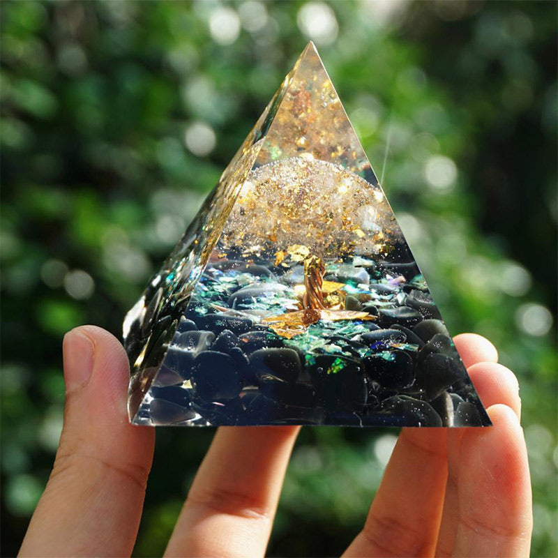 Olivenorma Obsidian with Clear Crystal Tree Of Life Orgone Pyramid