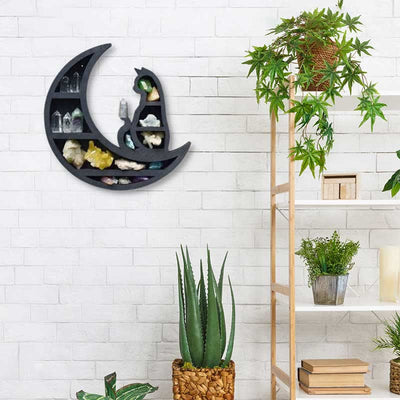 Olivenorma Crescent Moon & Cat Wooden Crystal Shelf