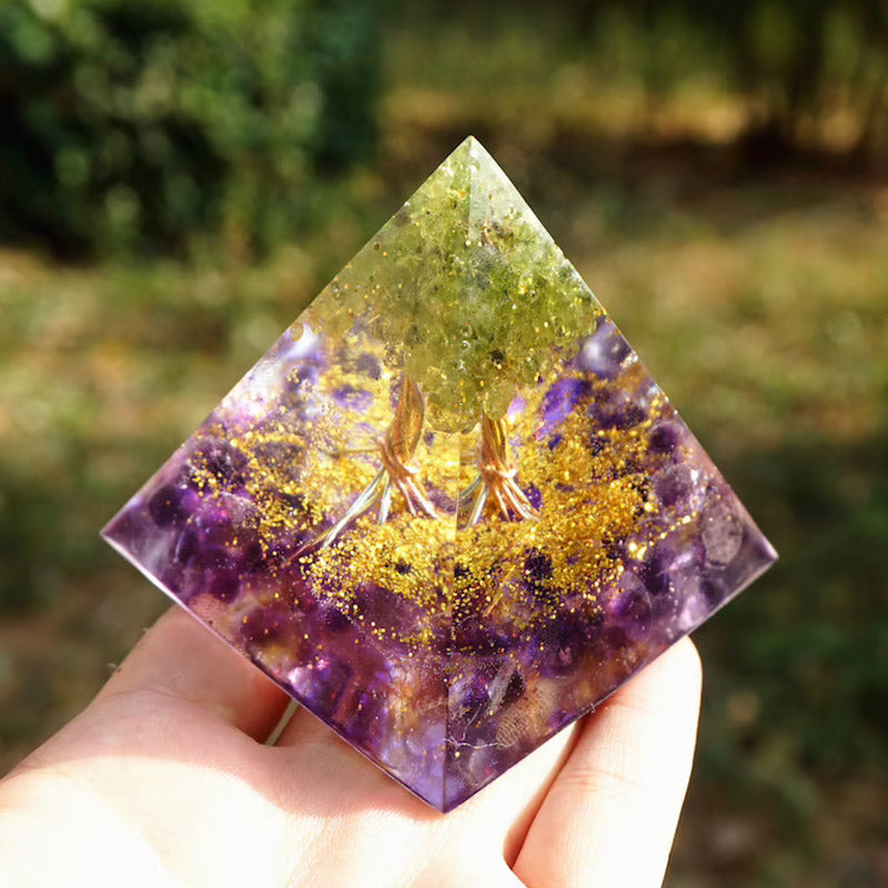 Olivenorma Peridot With Amethyst Tree Of Life Orgone Pyramid