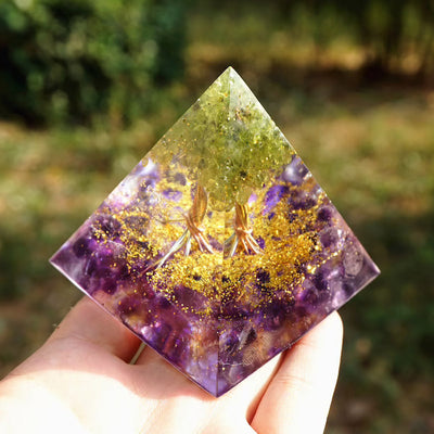 Olivenorma Harmony Roots Amethyst & Peridot Tree of Life Orgone Pyramid - image 4