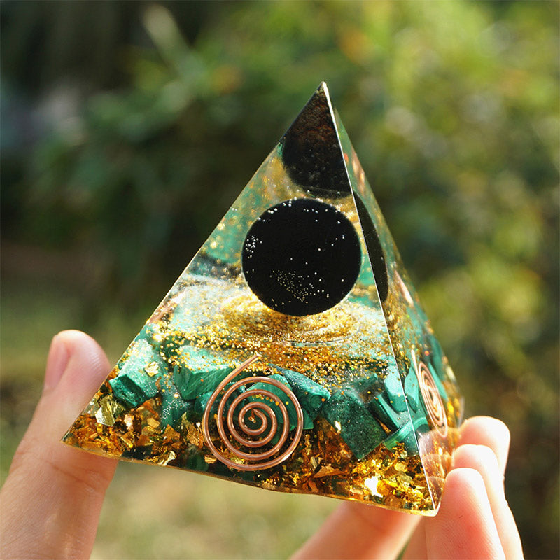 Olivenorma Malachite With Obsidian Sphere Orgone Pyrammid