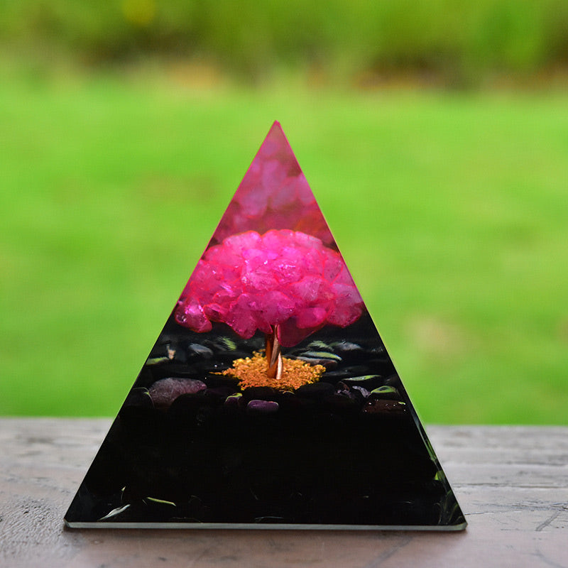 Olivenorma Obsidian with Pink Crystal Healing Orgone Pyramid