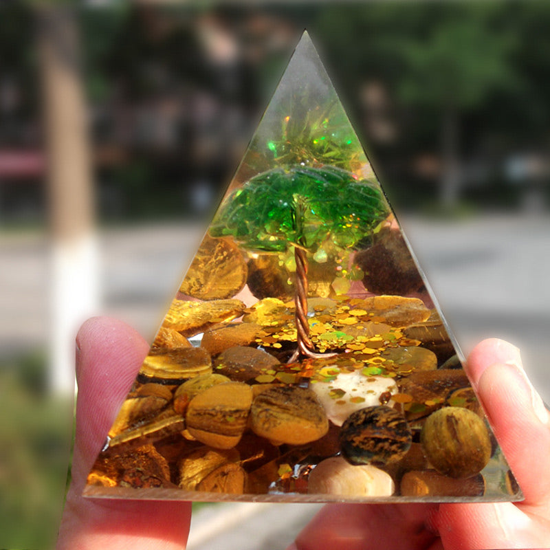 Olivenorma Tiger Eye with Peridot Tree Of Life Healing Orgone Pyramid