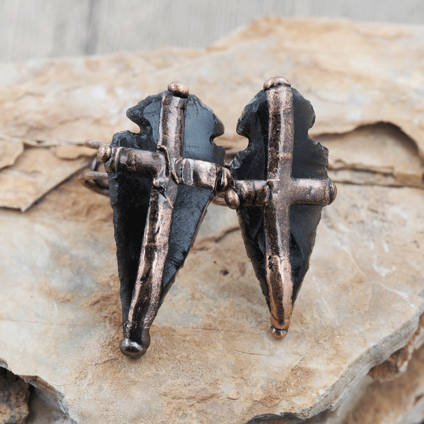 Olivenorma Natural Obsidian Shield Cross Shape Ring