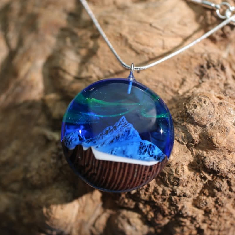 Olivenorma Snow Mountain Aurora Resin Wood Round Pendant Necklace