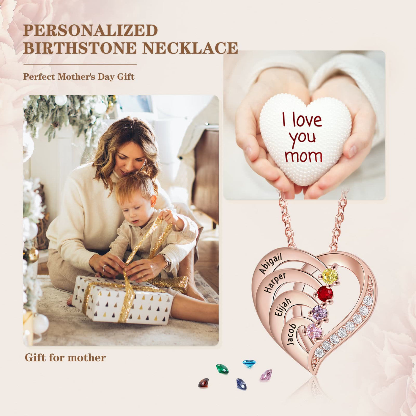 Olivenorma Personalized Birthstones Engraved Heart Necklace