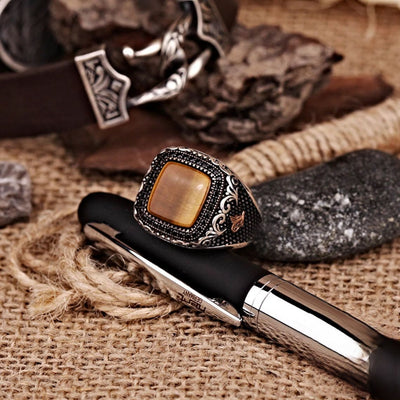 Olivenorma Metal Engraved Tiger Eye Men's Ring