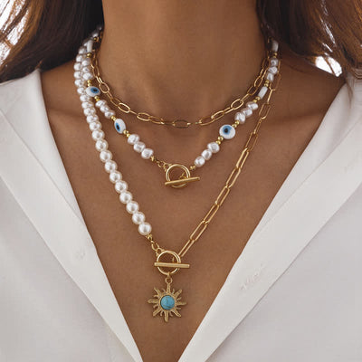 Olivenorma Turquoise Freshwater Pearl Evil Eye Necklace Set