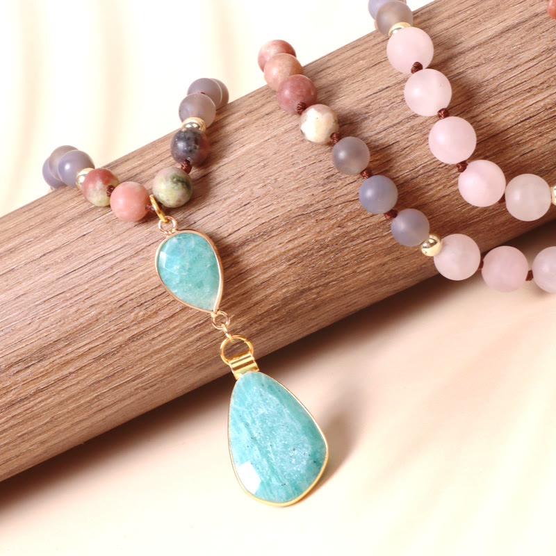 Natural Rose Quartz Mala Prayer Arrowhead Pendant Necklace