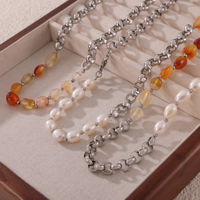 Olivenorma Carnelian Freshwater Pearl Titanium Steel Necklace