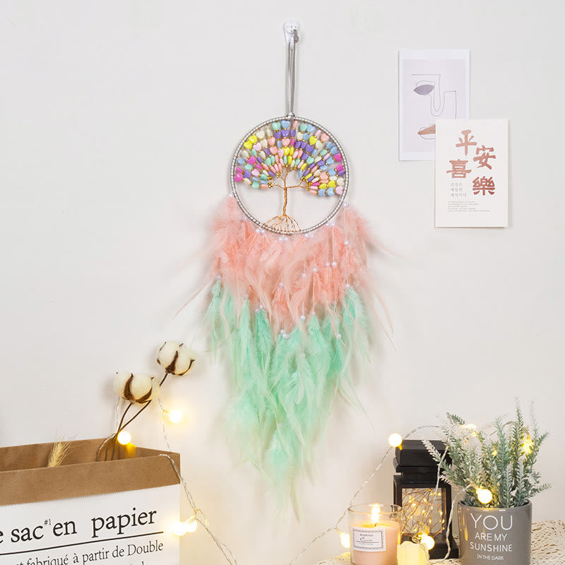 Olivenorma Crystal Tree of Life Pink Feather Dream Catcher