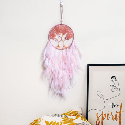 Olivenorma Crystal Tree of Life Pink Feather Dream Catcher