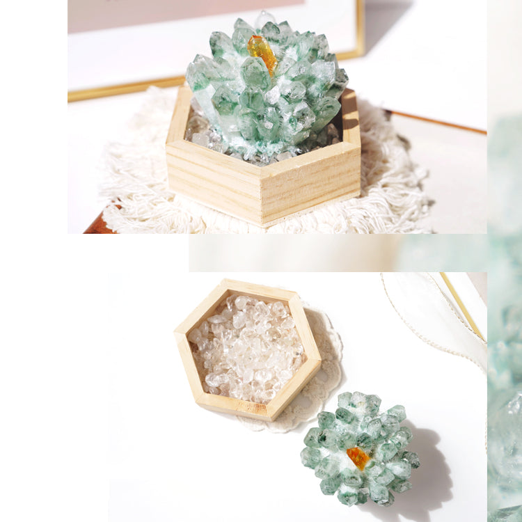 Olivenorma Green Phantom Quartz Solid Wood Base Crystal Cluster Decoration