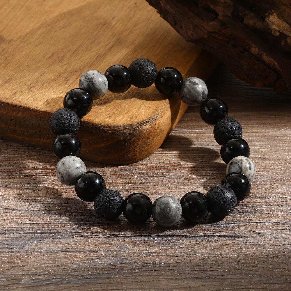 Olivenorma 10mm Black Onyx Grey Jasper Lava Stone Bracelet