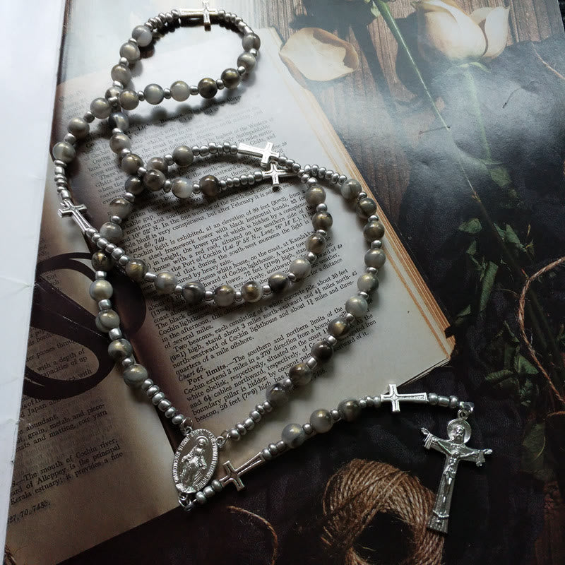 Olivenorma Gray Acrylic Ball Beaded Cross Rosary Necklace