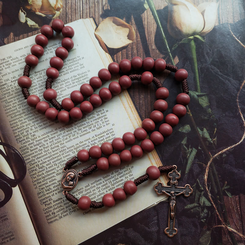 Olivenorma Red Brown 10mm Wooden Bead Cross Rosary Necklace