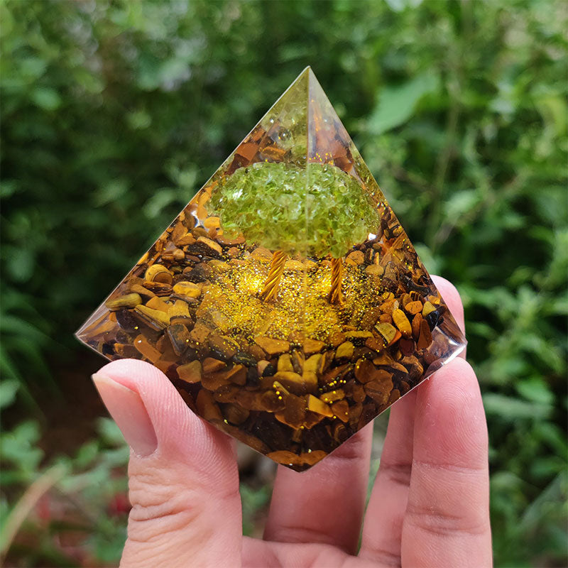 Olivenorma Tiger Eye with Peridot Tree Of Life Orgone Pyramid