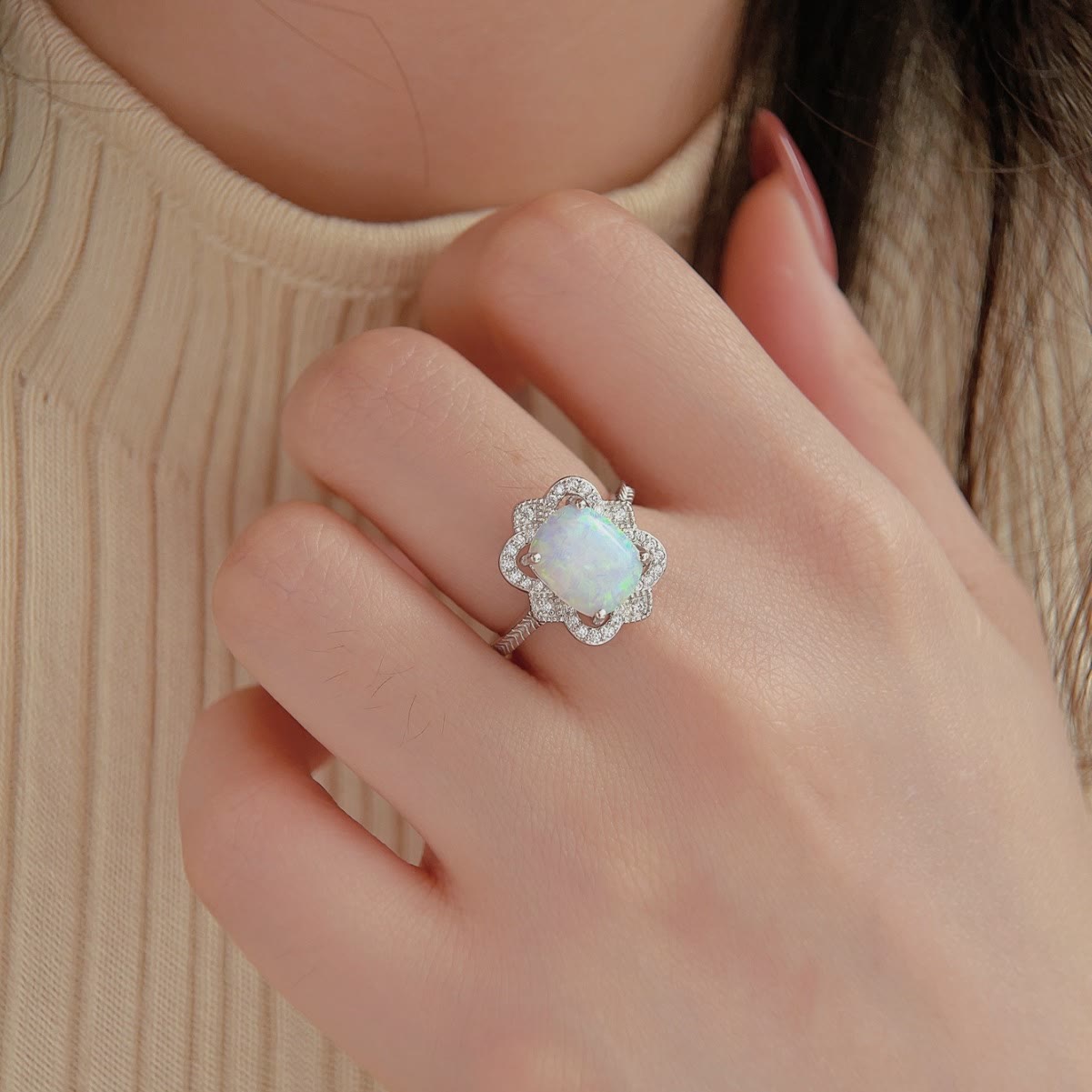 Olivenorma Opal White Zircon Engraved Design Engagement Ring