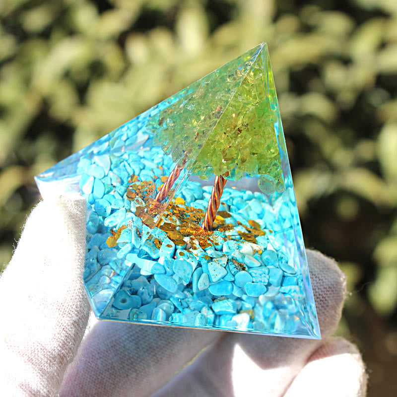 Olivenorma Peridot Amazonite Tree of Life Orgone Pyramid