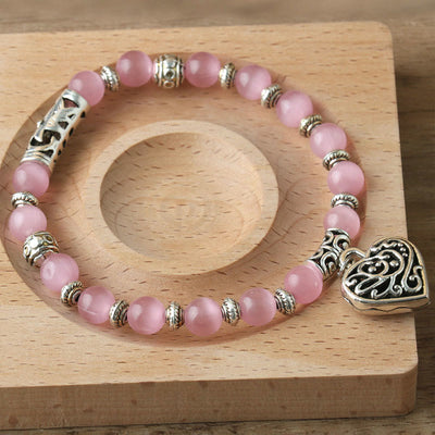 Olivenorma Hollow Love Pendant Pink Cat's Eye Bracelet