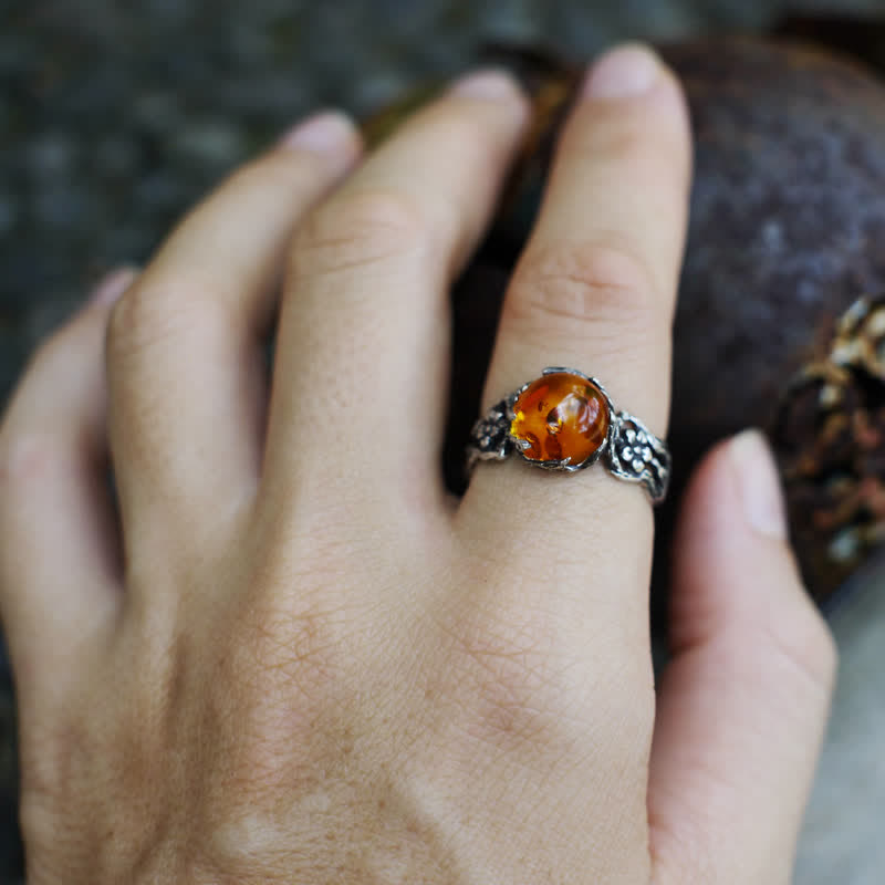 Antique Silver Amber Flower Ring