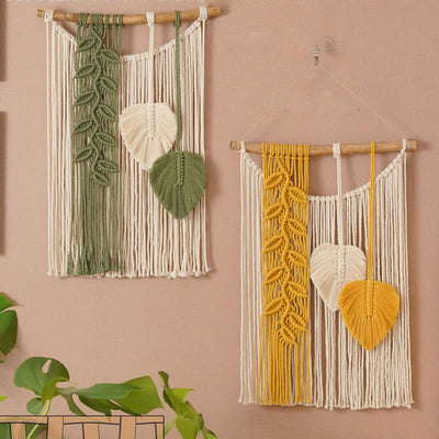 Olivenorma Handwoven Yellow Green Leaves Tassel Wall Decor