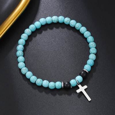 Olivenorma Mens Bohemian Natural Stone Beaded Cross Bracelet