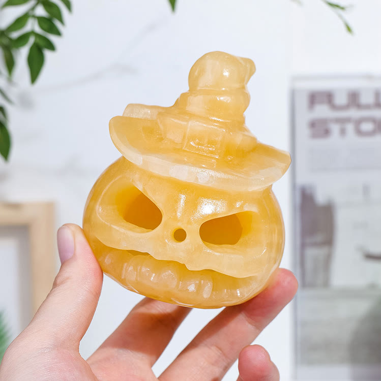 Olivenorma Yellow Aventurine Pumpkin Skull Carving Gemstone Decoration Lamp