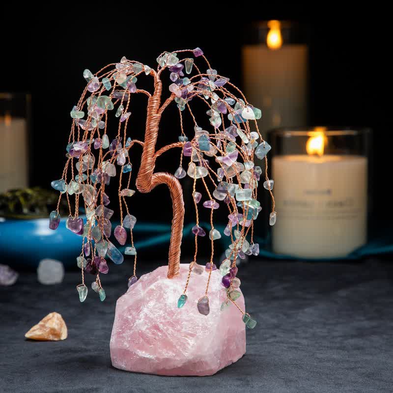 Olivenorma Fluorite Leaves Rose Quartz Base Feng Shui Tree